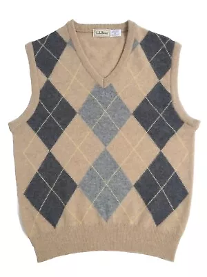 LL Bean Men's Medium Lambswool Argyle Tan VNeck Knit Sweater Vest Scotland • $29.95