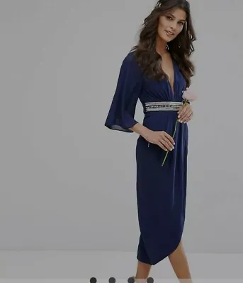 £34.99 • Buy Asos TFNC Kimono Sleeve Navy Blue Midi Dress Embellished Wrap Skirt Chiffon 10