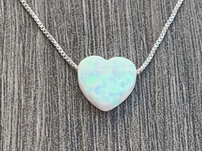 White Opal Stone Pendant Minimalist Heart Fire Opal Necklace Sterling Silver • $14.90
