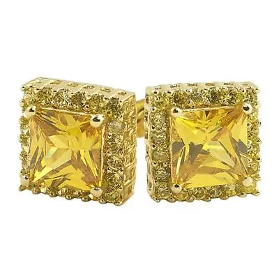 Men's Square Canary Yellow Princess Cushion Cut Hip Hop Cz Stud Earrings • $17.99