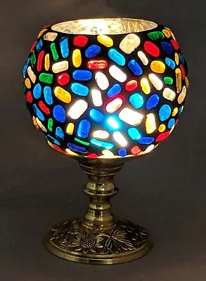Votive Candle Holder Multi Color Beads On Glass Globe & Brass Stand 5 Dia 7 High • $12