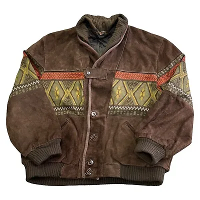 Vintage Aztec Suede Leather Bomber Jacket Navajo 90s Hippie Brown Mens Large • £89.99