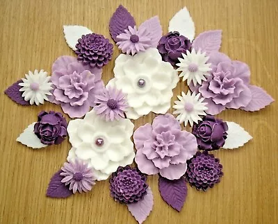 27 - PURPLE  BOUQUET Edible Sugar Paste Flowers Cup Cake Decorations Toppers • £8.95