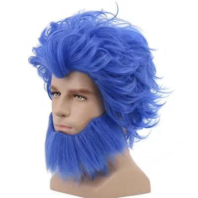 New Blue Wig And Beard Short Layered Crazy Wig Anime Halloween One Size Fits All • $19.50