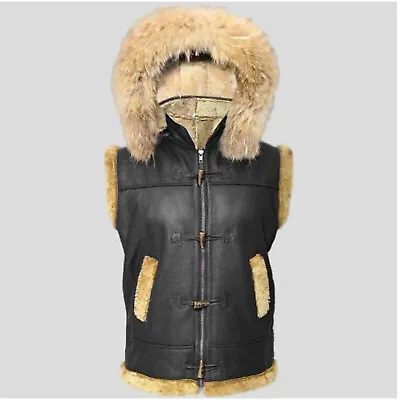 Men's Black B3 Aviator Fur Shearling RAF Genuine Sheepskin Leather Hooded Vest • $110