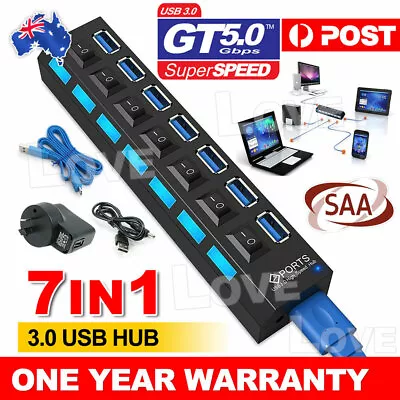 7Port USB 3.0 HUB Powered + SAA AU AC Adapter Cable High Speed Desktop Extender • $15.95