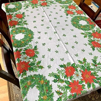 Vintage Ryan 1970s Christmas Tablecloth 64 X 49  Wreath Pointsettias • $29.95