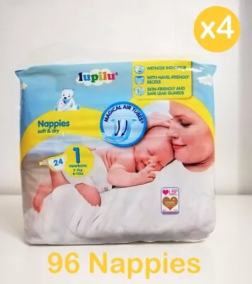 (4 Pack) Size 1 Newborn Nappy Soft & Dry - 96 Nappies (2-5 Kg/4-11 Lbs) • £12.49