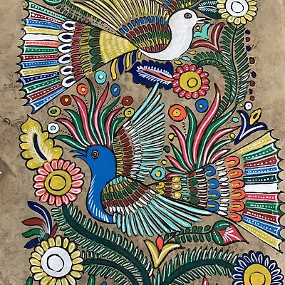 VTG Mexican Folk Art Colorful Bird Painting On Amate Bark Black Light Activated • $23.95