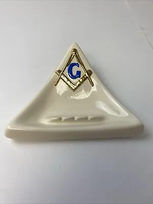 Vintage Freemason Masonic Ashtray White Gold Ceramic.GOLD & BLUE CENTER LETTER G • $12.95