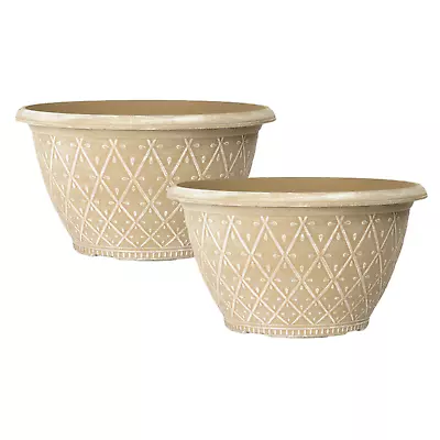 2Pc Round Plastic Bowl Planter 25cm Powdered Ginger 4L Home Garden Plant Pot • £8.95