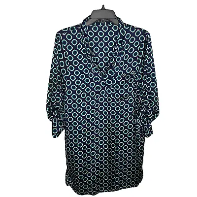 Zara Top Womens Small Navy Blue Green Geometric Tunic Collared Roll Tab Sleeve • $14.99