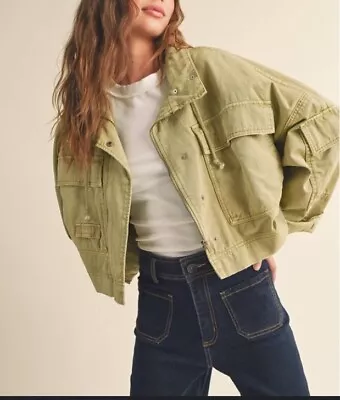 Miou Muse: Olive Denim Hoodie Cropped Bomber Flight Jacket Dolmen Women's Sz M • $40