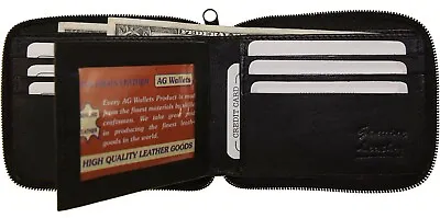 AG Wallets Mens Leather Zip Around Black Bifold Wallet Center Flap Card Holder • $15.49