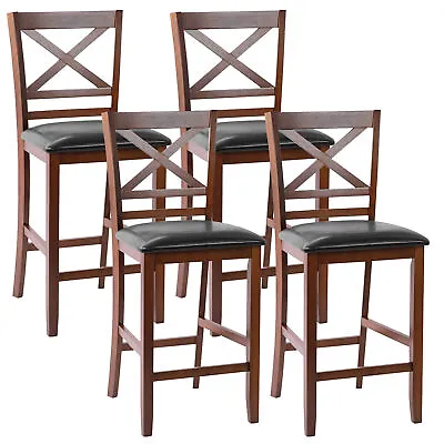 Costway Set Of 4 Bar Stools 25  Counter Height Chairs W/ PU Leather Seat Walnut • $269.99