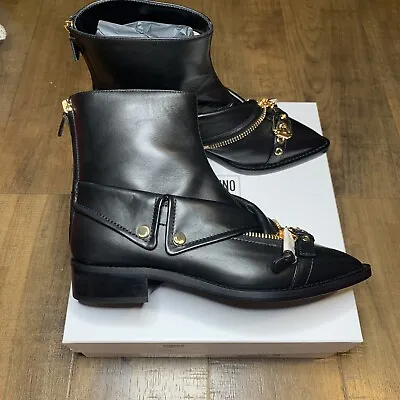Moschino Womens Leather Biker Ankle Boot Colllar Zip Black Gold Size US 8 EU 38 • $399.99