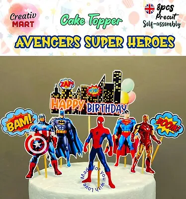 8 Pcs PRECUT AVENGERS SUPER HEROES Birthday Cake Decorations Boys New Unique • £3.65