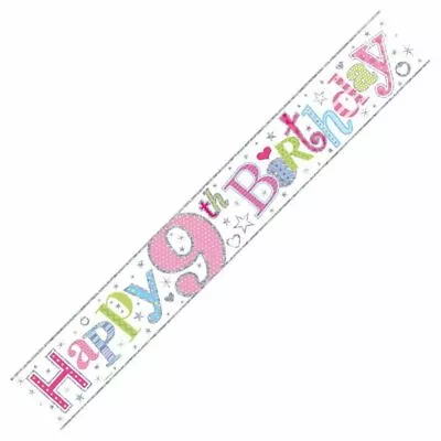 9ft Happy 9th Birthday Foil Banner Age 9 Girl Party Decorations • £2.09