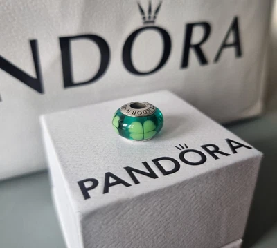 $1.80 • Buy Genuine Stamped Pandora Charm - Green Kiss Me Im Irish Clover Murano Glass Bead