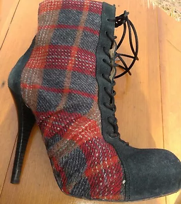 L.A.M.B Gwen Stefani RARE Stiletto LACE UP Booties Footwear Suede And Wool Plaid • $95