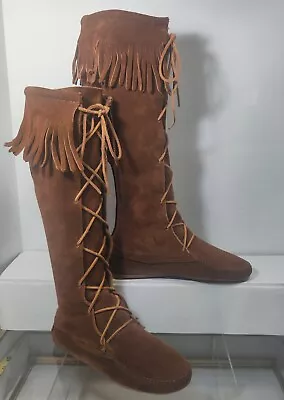 Minnetonka Suede Leather Lace Up Fringe Knee High Moccasin Boot   Size 8  Brown • $44.10