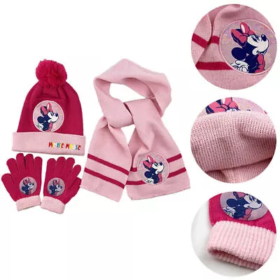 Girls Winter Minnie Mouse Pom Pom Hat Scarf Gloves Set Kids Knitted Beanie Hat﹤ • £14.79