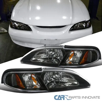 Black Fits 1994-1998 Ford Mustang 1PC Style Headlights+Signal Corner Lamps L+R • $91.95