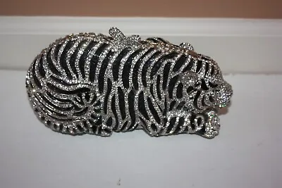 Natasha Tiger Clutch Minaudiere Bag Crystal-Embellished Silver And Black • $91.99