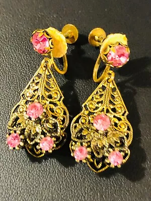 Gorgeous West Germany Estate Designer Pink Rhinestone Vintage Earrings • $2