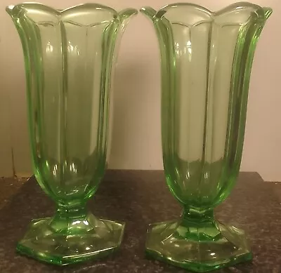 Vintage Pair Davidson Of Gateshead Green Pressed Glass Chippendale 8” Vase VGC • £19.99