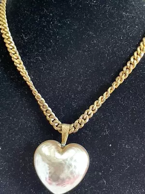 VINTAGE MIRIAM HASKELL BAROQUE LARGE HEART FAUX PEARL PENDANT W/ GOLD TONE CHAIN • $125