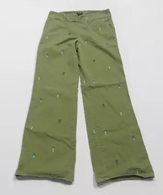 J Crew Favorite Fit Pants Womens Size 4 Flat Front Embroidered Lady Bugs Green • $18.89