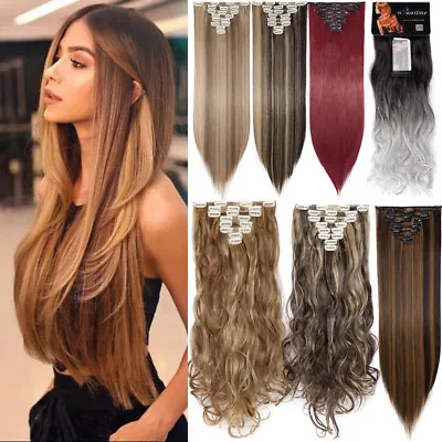 £15.89 • Buy 100% Real Natural Clip In Hair Extensions Full Head 8 Piece Set Long As Human UK