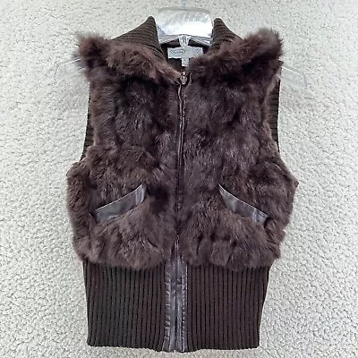 Mandee Womens S Brown Hooded Sleeveless Full Zip Real Rabbit Fur Vest Jacket • $62.99