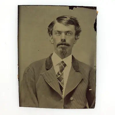 Goatee Necktie Mustache Man Tintype C1870 Antique 1/16 Plate Photo Art C1716 • $17.97