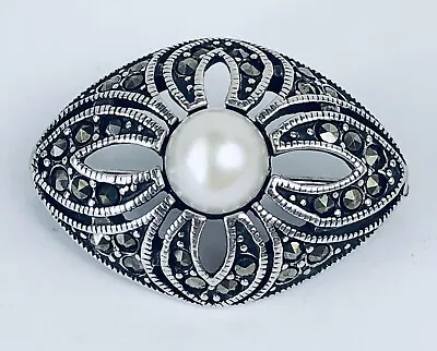 Vintage Sterling Silver Art Deco Signed JC Floral Pearl & Marcasite Brooch Pin • $28