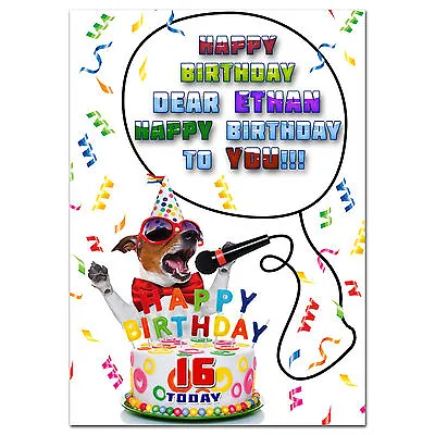 C063; Large Personalised Birthday Card; Any Name: Funny Singing JACK RUSSELL Dog • £4.50