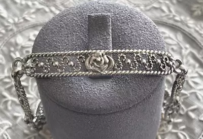 Vintage Mexico Sterling Silver Filigree Panel Link Bracelet With Rose Sz 8-inch • $24.99