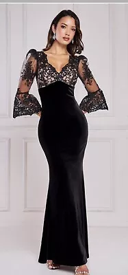 Ladies Goddiva Scalloped Lace And Velvet Evening Maxi Dress Size 14 • £89