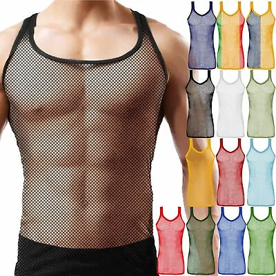 £6.19 • Buy Mens String Cotton Vest Mesh Fish Net Top Muscle Gym Fitness Summer S M L Xl