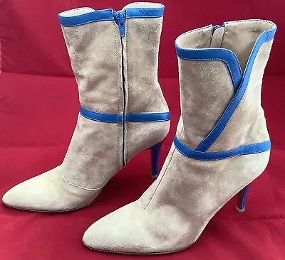 Fornarina Suede Mid-Calf Boots Beige W/ Blue Trim And 4” Stiletto Heel 40 • $125