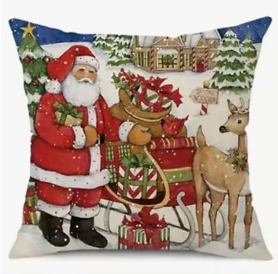 Santa Claus Reindeer Christmas Throw Pillow Cover Winter Holiday Home Decor • $13.08