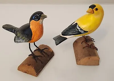 $24.99 • Buy Vtg Wood Carved Painted Pair Birds On Wood Perches American Goldfinch Figurines