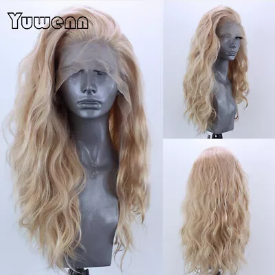 Long Loose Wavy Lace Front Human Hair Blend Heat Ok Wig Women Blonde Mix 27/613 • $42.19