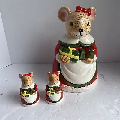 Mouse Cookie Jar With Matching Salt And Pepper Shakers Mrs Christmas Mouse • $39.99