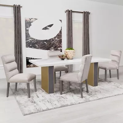 5 Pc White Carrara Marble & Gold Dining Table Chairs Dining Room Furniture Set • $1399