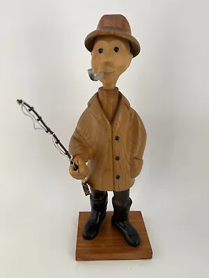 Vintage HAND CARVED - MAN SMOKING A PIPE WITH FLY FISHING POLE - MADE IN ITALY ? • $49.95