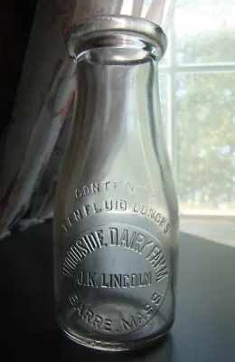 Vintage WOODSIDE DAIRY FARM- J.K. LINCOLN- BARRE MASS. 10 Oz. Milk Bottle • $23