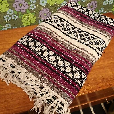 Purple Grey Mexican Woven Stripy Falsa Yoga Picnic Blanket Throw • £19.99