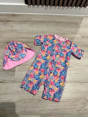 Toddler Girls 2 Piece Swim Set Uv Sun Hat All In One Rash Vest Swimming Costume • £3.50